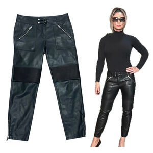 MNG Mango black faux leather moto biker pants leggings 6 vegan pleather zippered